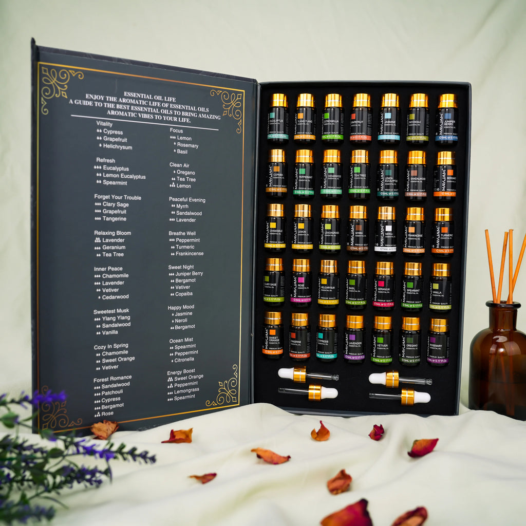 MAYJAM 35 Bottles Essential Oils Kit Gift Box ,Lavender Jasmine Vanilla Lemon Eucalyptus Sandalwood Frankincense SweetOrange Ylang Rose Bergamot Tea Tree Lemongrass Patchouli Rosemary Geranium Citronella Aromatherapy Oil for Humidifier Diffuser DIY Candle