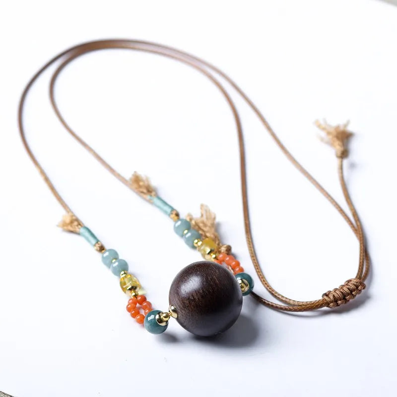 Handwoven White Agarwood Necklace Natural South Red Agate Jade Sweater Chain New Chinese Style Wishing Luck Gifts