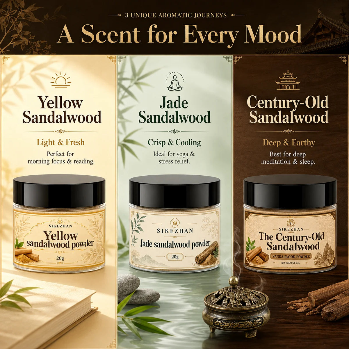 100% Pure Sandalwood Incense Powder 20g Kit Vintage Brass Burner Antique Dragon Censer For Zen Yoga Meditation Home Aromatherapy