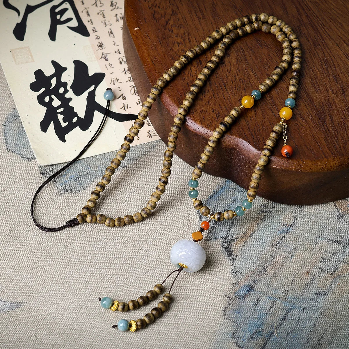 Handwoven First Grade Butter Agarwood Necklace with Carved Jade Pendant Chinese Style Sweater Chain Gifts