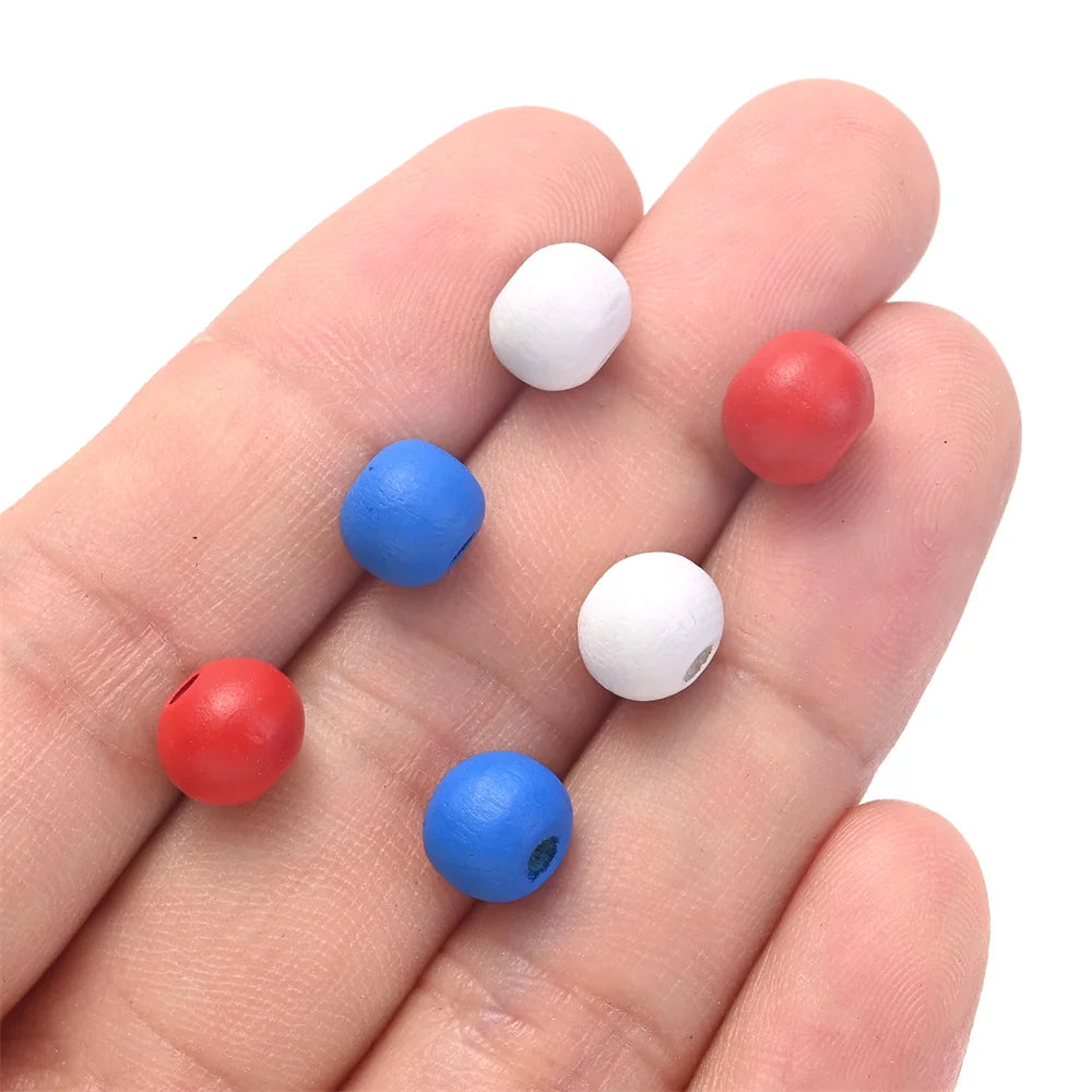 200Pcs 8mm Red White Blue Round Wooden Beads Smooth Spacer Beads For Diy Keychain Necklace Bracelet Jewelry Making Accessories