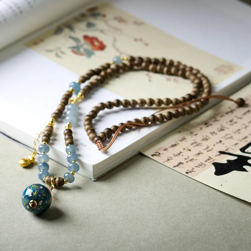 New Chinese Style First Grade Butter Agarwood Necklace with Lacquer Beads Sweater Chain Jewelry Gifts