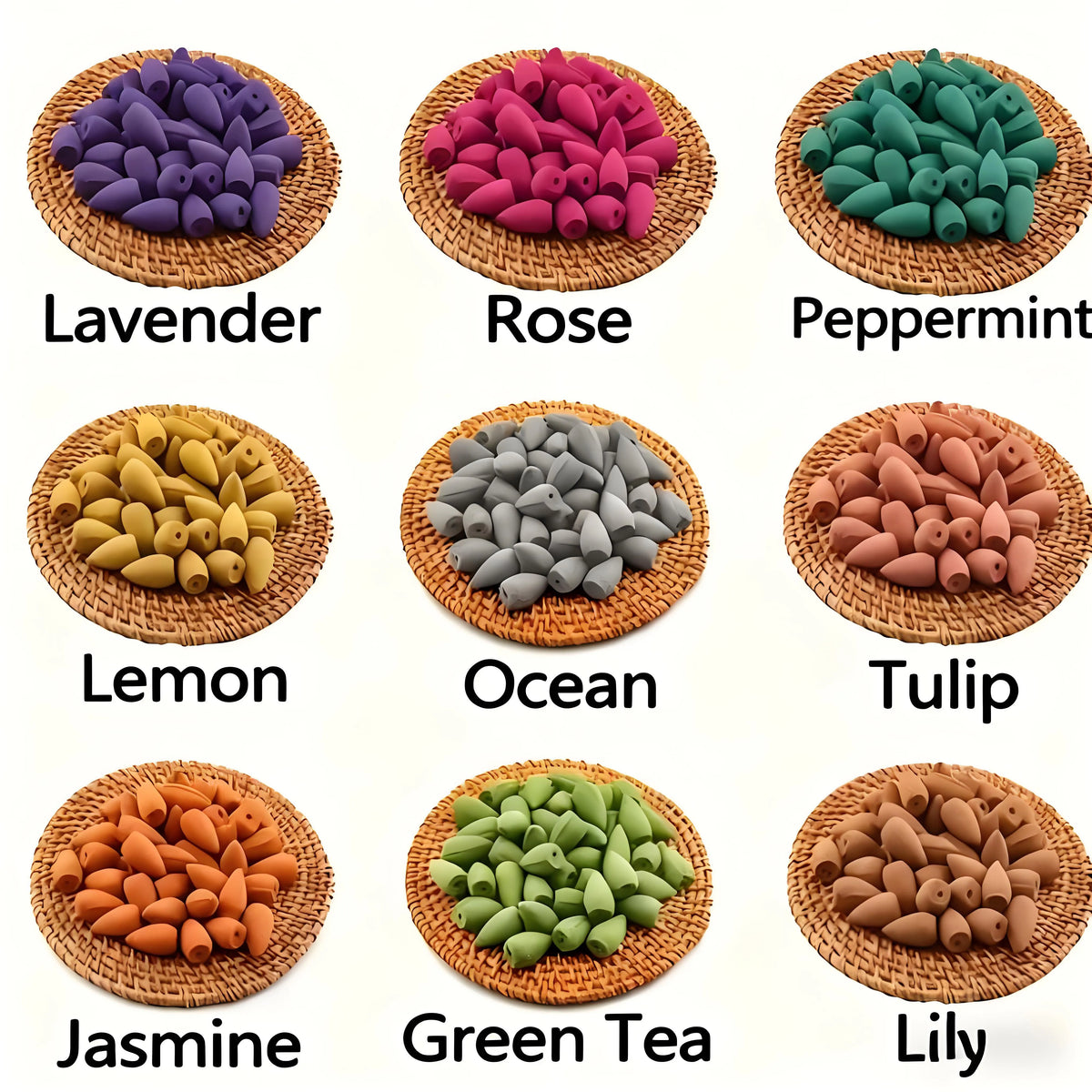 50Pcs Natural Backflow Incense Cones - Various Scents, Including Lavender, Sandalwood, Jasmine, Rose, Etc. for Indoor Yoga, Outdoor Camping, and Are Perfect for Waterfall Incense Burners, for House Cleaning, Yoga, Tea Rooms, Home or Office Use