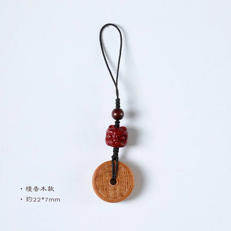 Chinese Traditional Lucky Carved Black Persimmon Wood Agarwood Mountain Ghost Coin Pendant Phone Chain Amulet Blessing Fortune
