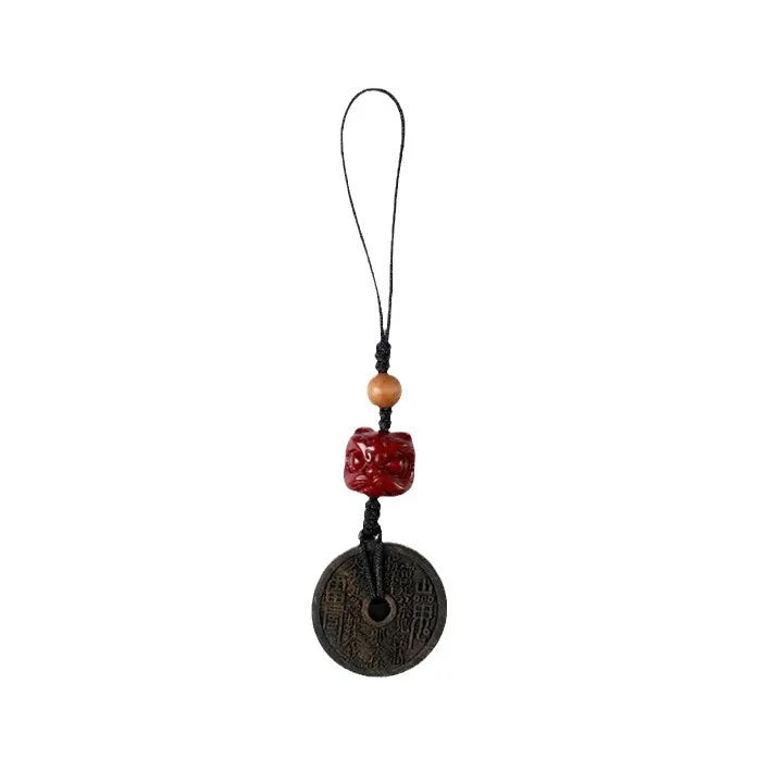 Chinese Traditional Lucky Carved Black Persimmon Wood Agarwood Mountain Ghost Coin Pendant Phone Chain Amulet Blessing Fortune