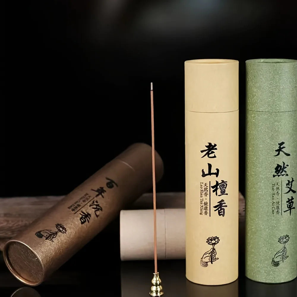 A Box of 500 Incense Sticks, 21cm Long, with the Scent of Sandalwood and Medicinal Mugwort, Suitable for Aromatherapy. They Are Placed on a Wooden Board, and the Board Is Placed on a Support Beam. Home Decor Products for Kitchens, Bedrooms, Offices, Yoga,