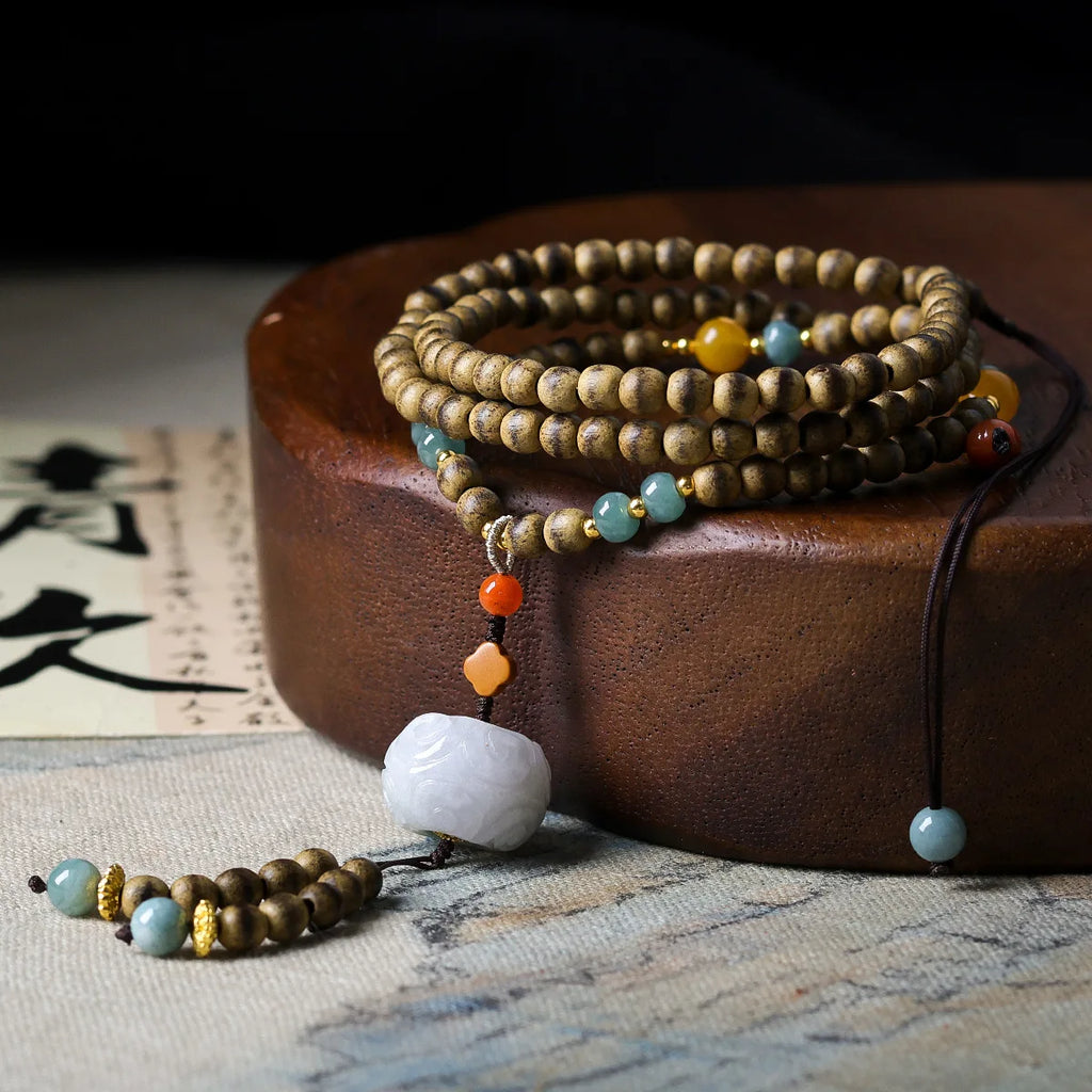 Handwoven First Grade Butter Agarwood Necklace with Carved Jade Pendant Chinese Style Sweater Chain Gifts