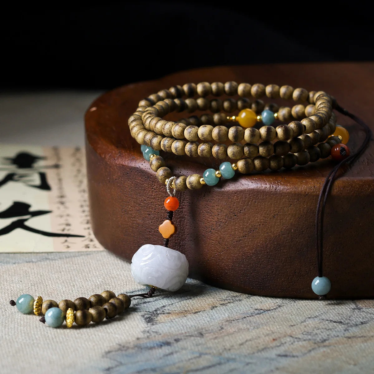 Handwoven First Grade Butter Agarwood Necklace with Carved Jade Pendant Chinese Style Sweater Chain Gifts