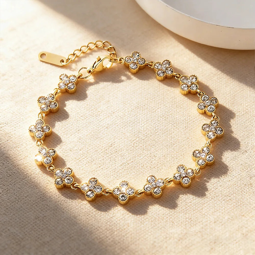 Stainless Steel Colorful Cubic Zirconia Flower Cover Bracelet Adjustable Four-Leaf Clover CZ Stone Flowers Jewelry for Women