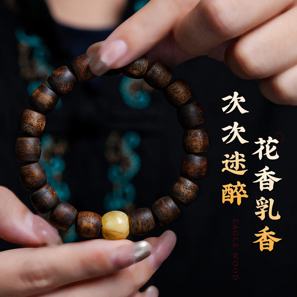 Yingge Green Agarwood Barrel Bead Bracelet with South Red Agate for Women Buddhist Prayer Beads Gifts