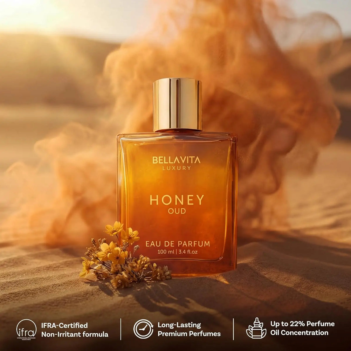 Bella Vita Honey Oud Unisex Eau De Parfum 100ml 3.4oz Warm Sweet Honey Agarwood Oriental Woody Perfume Amber Square Bottle Long Lasting Fragrance Gift for Men Women