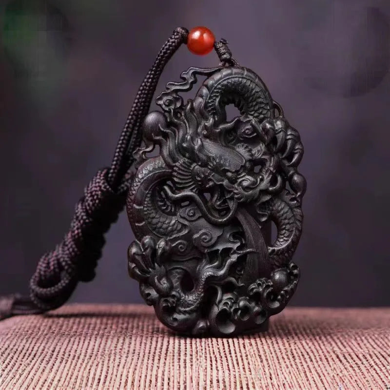 Hand-Carved Agarwood Dragon Pendant Necklace 10.5cm