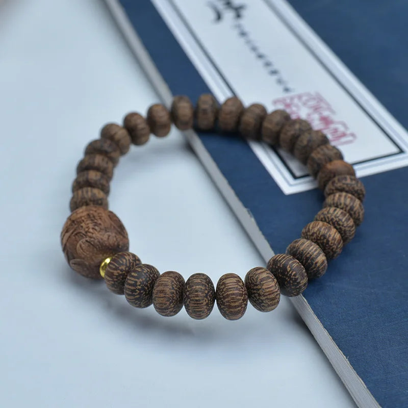 Natural Nha Trang White Ky Nam Agarwood Abacus Bead Bracelet Lucky Pixiu Wenwan Craft Jewelry
