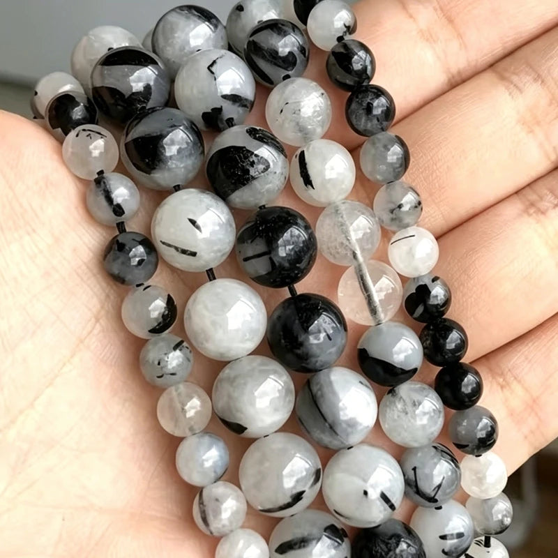 Natural Black Rutilated Quartz Crystals Round Loose Beads Handmade DIY Bracelet For Jewelry Making beads For Needlework