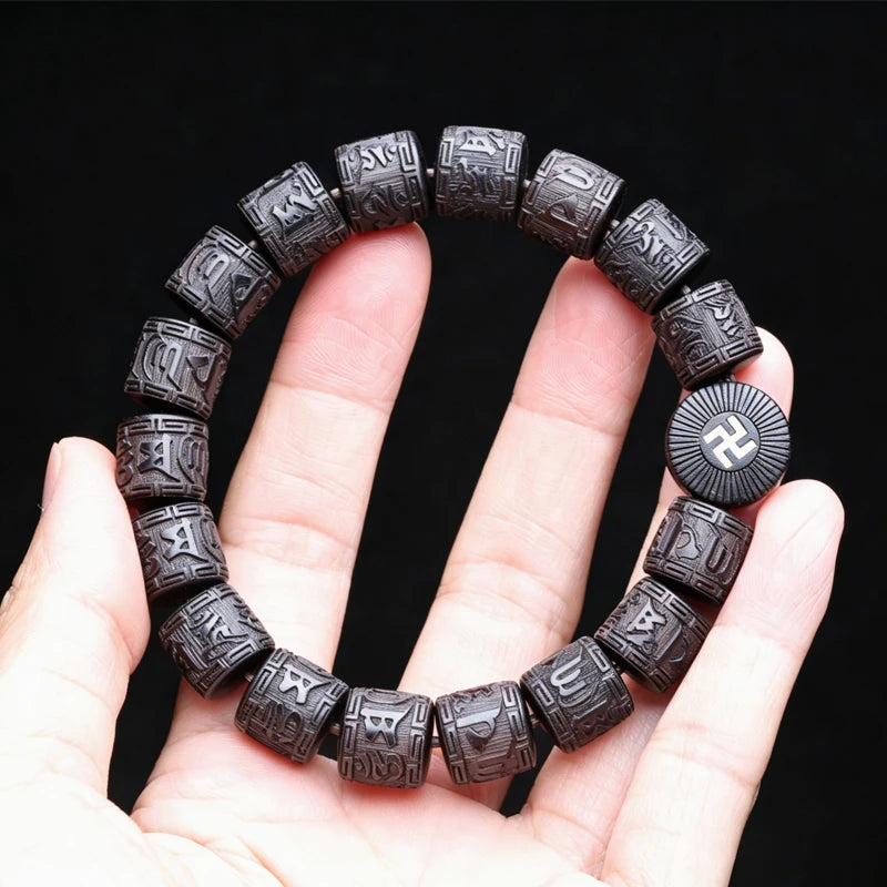 Natural Ebony Tibetan Six-Character Mantra Tibetan Buddhist Prayer Wheel Bracelet 12mmx12mm Universal