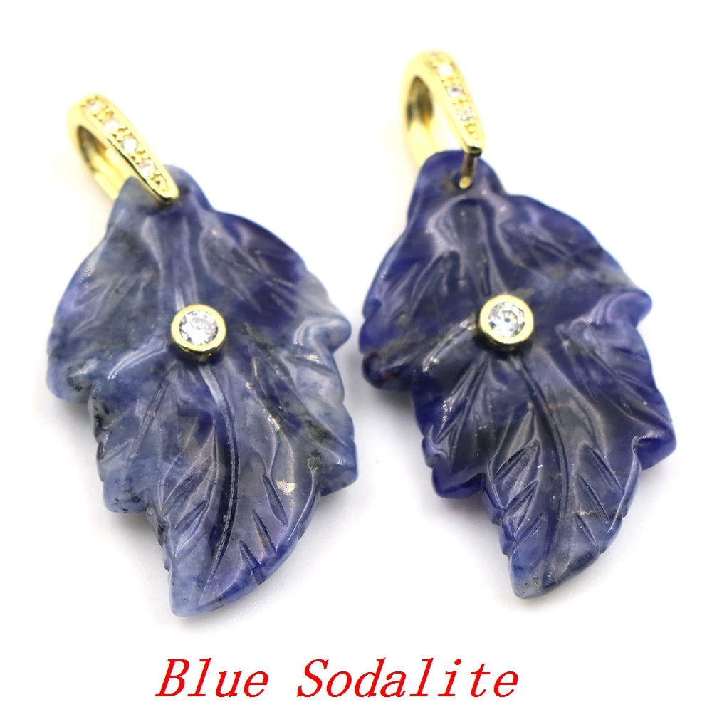Natural Stone Leaf Pendant White Zircon Gold Plated Bail Healing Crystal Charm DIY Necklace Bohemian Nature Jewelry Making Gifts
