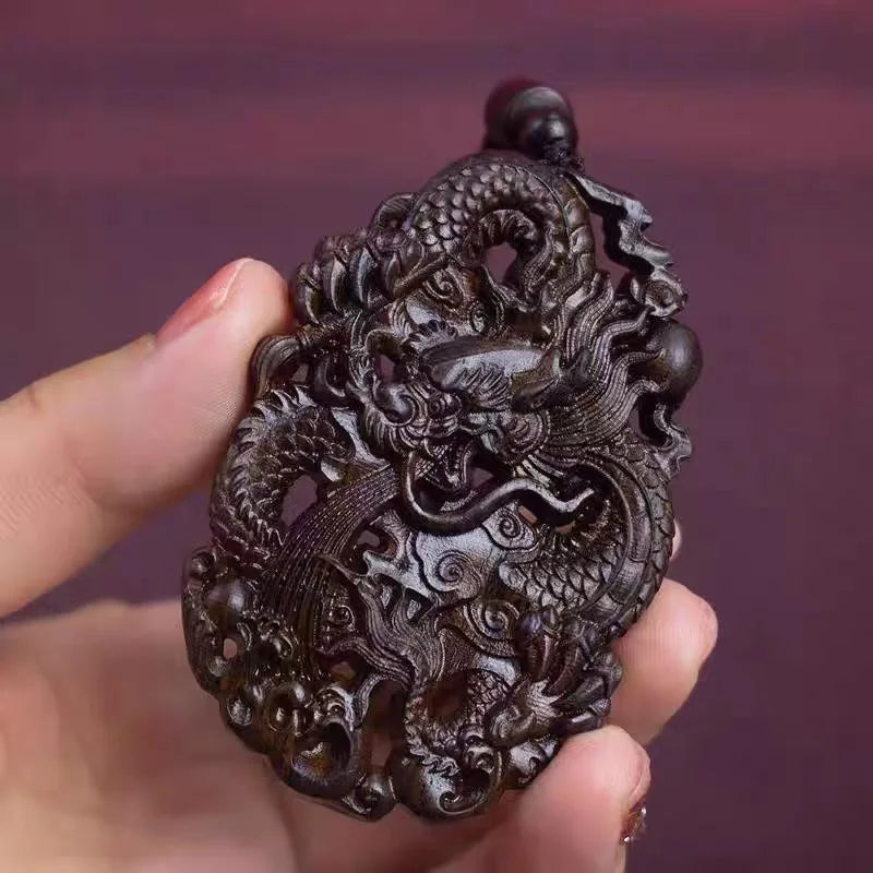Hand-Carved Agarwood Dragon Pendant Necklace 10.5cm