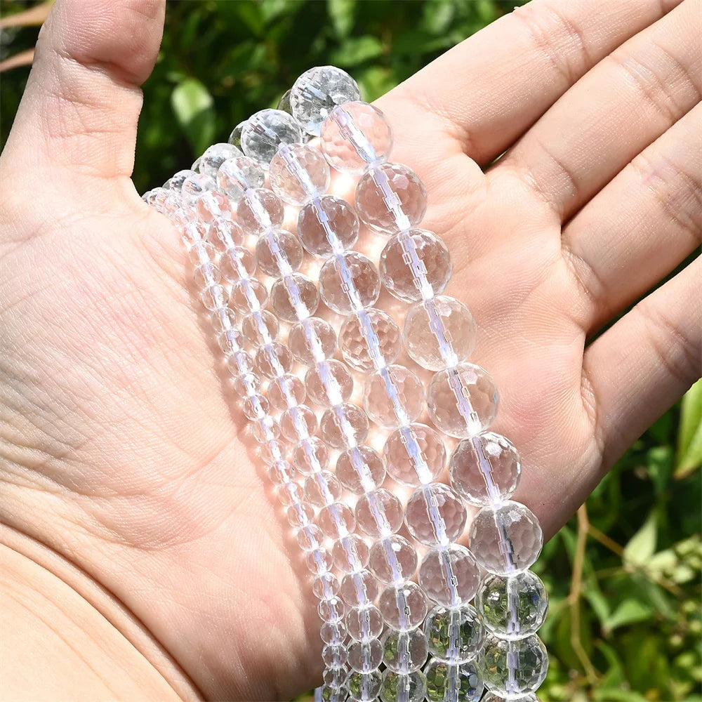 Natural Faceted Stone Beads White Clear Rock Crystals Quartz Glass Beads Round Loose Beads For Jewelry DIY Bracelets Accessorie