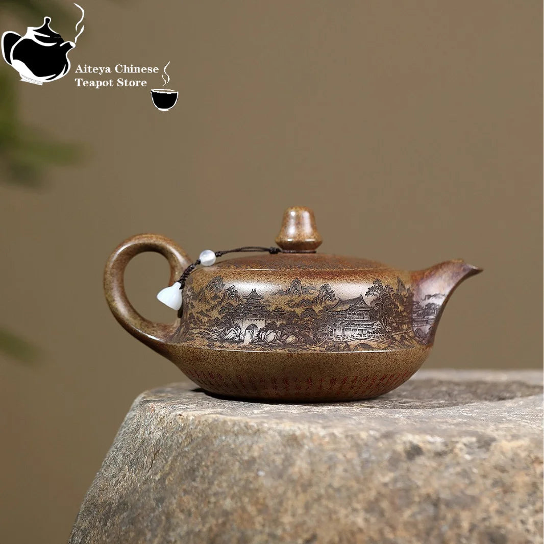 Yixing Yixing purple clay teapot, high-temperature wood fired agarwood mud landscape music teapot Chinese teapot Kung Fu tea set