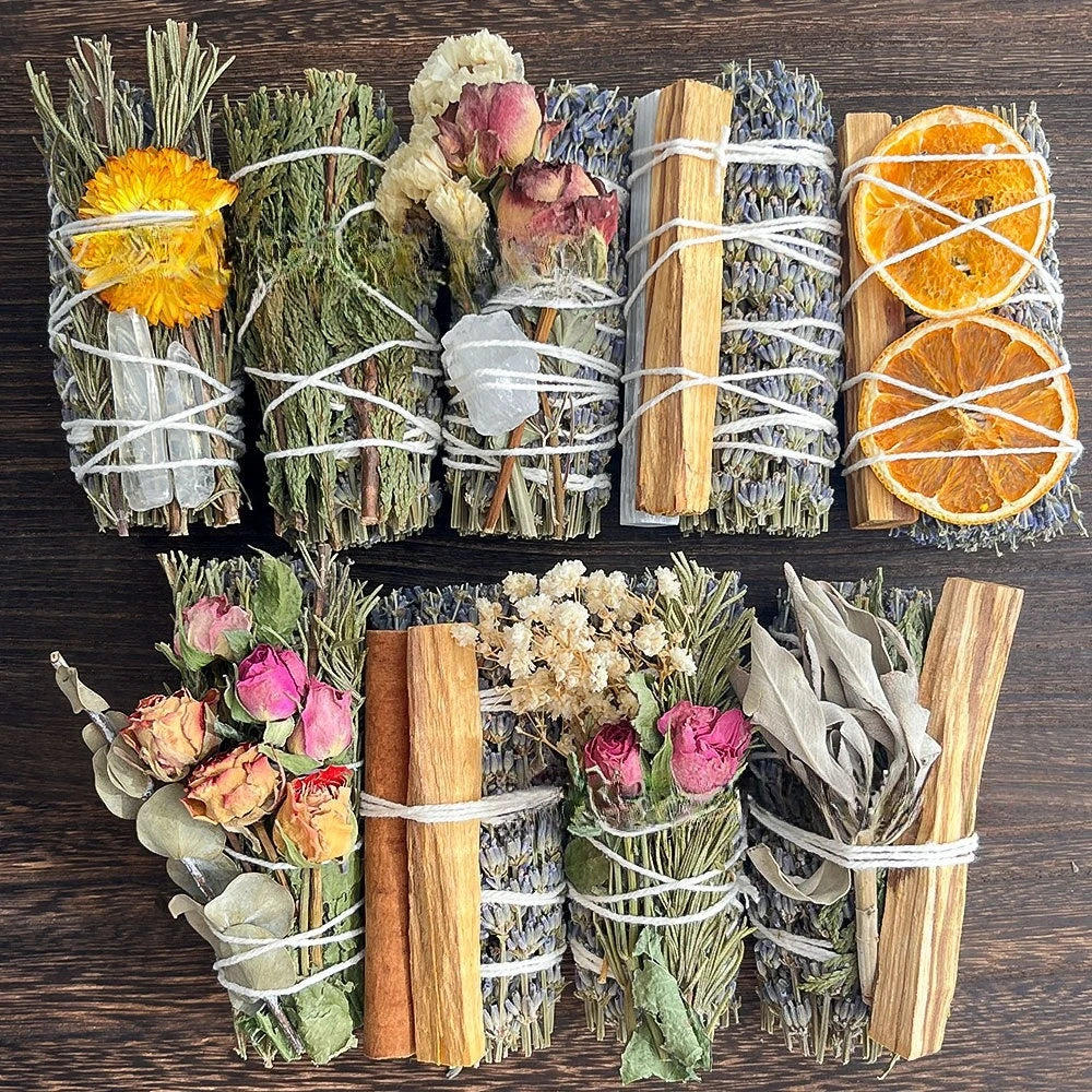 Bundled  Sage, Natural Palo Santo Plants, Aromatic Rose Santo, and Orange Slices for Handmade Grass Sticks