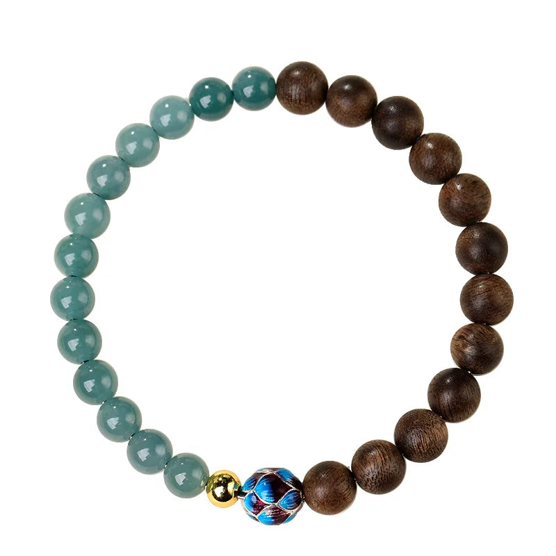 Natural Nha Trang Agarwood Bracelet with Blue Water Jadeite and Cloisonne Lotus Fortune Beads for Women Gifts