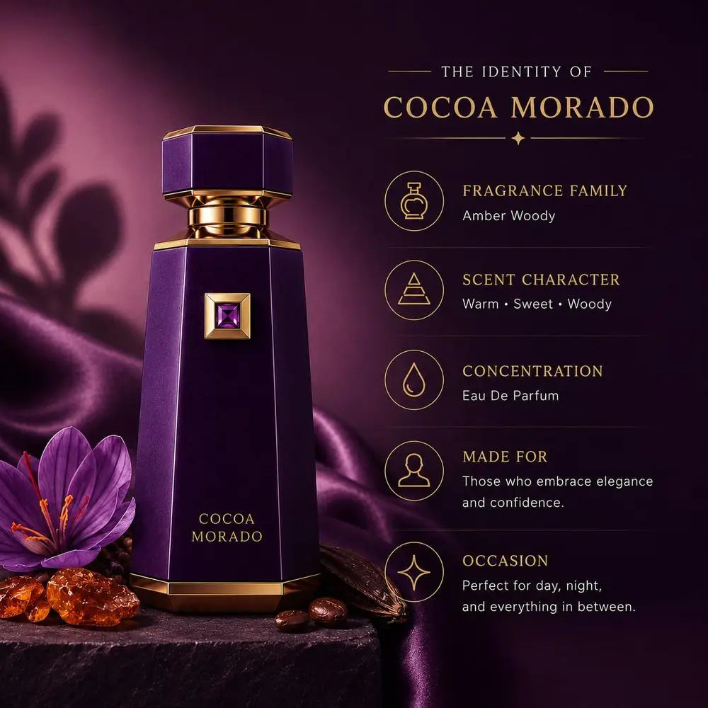 French Avenue Cocoa Morado Eau De Parfum 100ml 3.4oz Unisex Perfume Long Lasting Saffron Cinnamon Oud Cocoa Vanilla Leather Oriental Woody Gourmand Fragrance Luxury Purple Gold Gift Cologne For Men Women