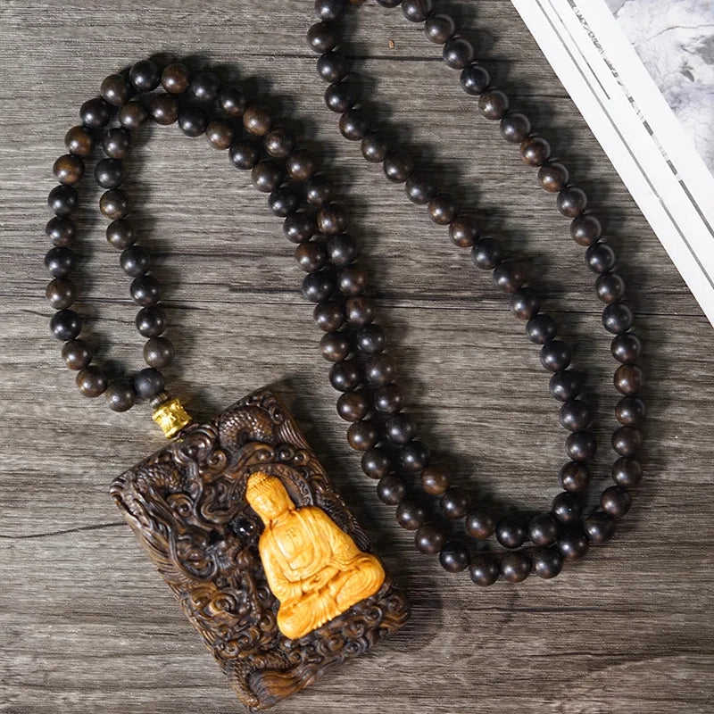 Agarwood Carved Peace Tag Inlaid Vairocana Pendant Necklace Unisex Cultural Play Jewelry Festival Gift
