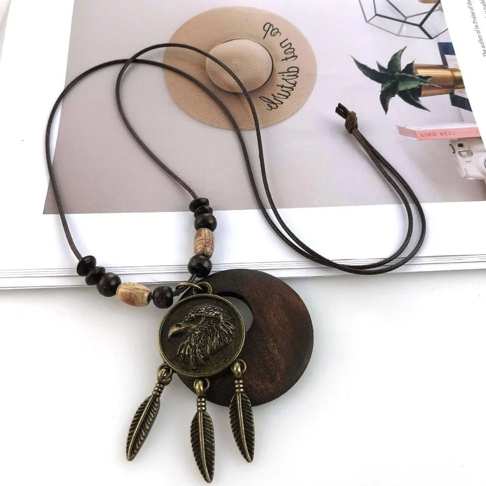 Vintage Boho Sweater Chain Hollow Leaves Leather Chain Wooden Pendant Necklace Handmade Long Clothing Pendant Gifts