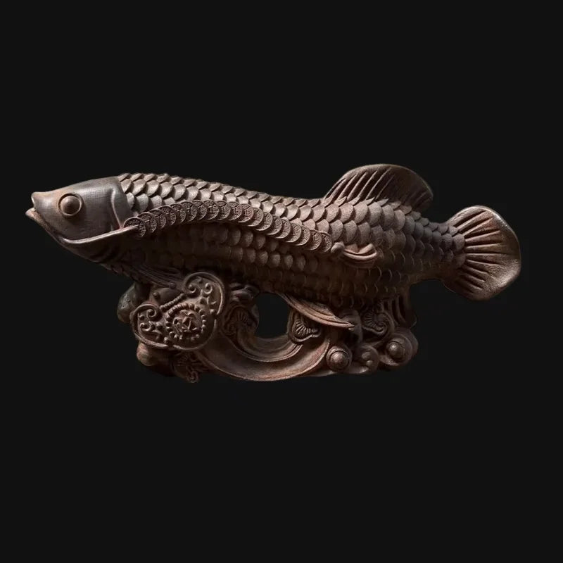 Handmade Vietnamese Agarwood Golden Dragon Fish Wood Ornament