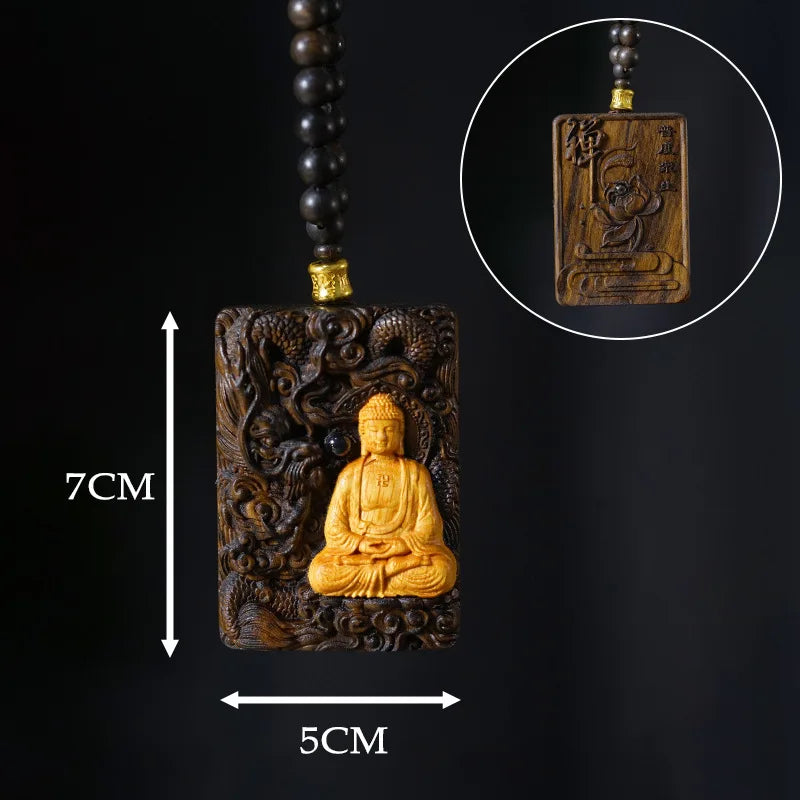 Agarwood Carved Peace Tag Inlaid Vairocana Pendant Necklace Unisex Cultural Play Jewelry Festival Gift
