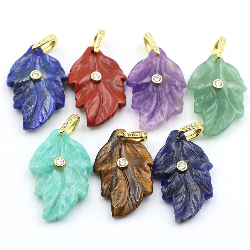 Natural Stone Leaf Pendant White Zircon Gold Plated Bail Healing Crystal Charm DIY Necklace Bohemian Nature Jewelry Making Gifts