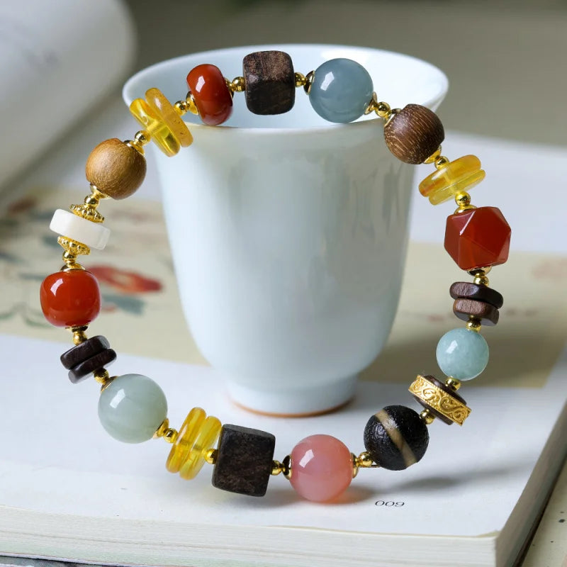 New Chinese-style amber multi-bead bracelet with barrel beads, agarwood, and southern red agate in traditional Chinese style
