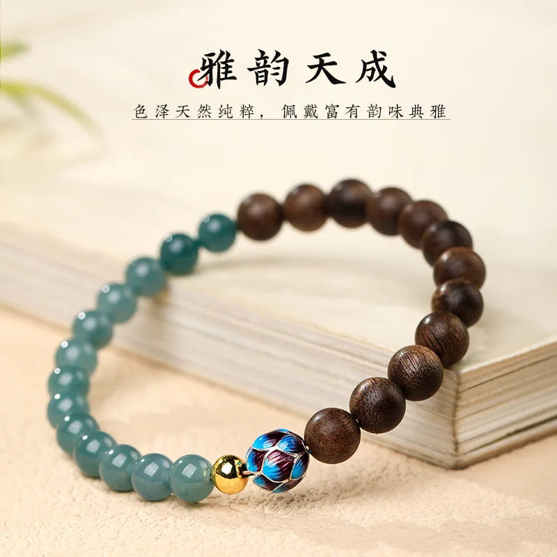 Natural Nha Trang Agarwood Bracelet with Blue Water Jadeite and Cloisonne Lotus Fortune Beads for Women Gifts