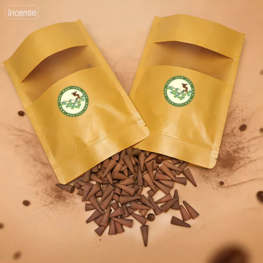 1 pack of 100/150 pcs high-quality coffee-scented incense cones, rich aroma, 20-minute burning time, long-lasting fragrance, suitable for home kitchens, living rooms, bedrooms, outdoor camping, gardens, and parties, sealed in a kraft paper bag