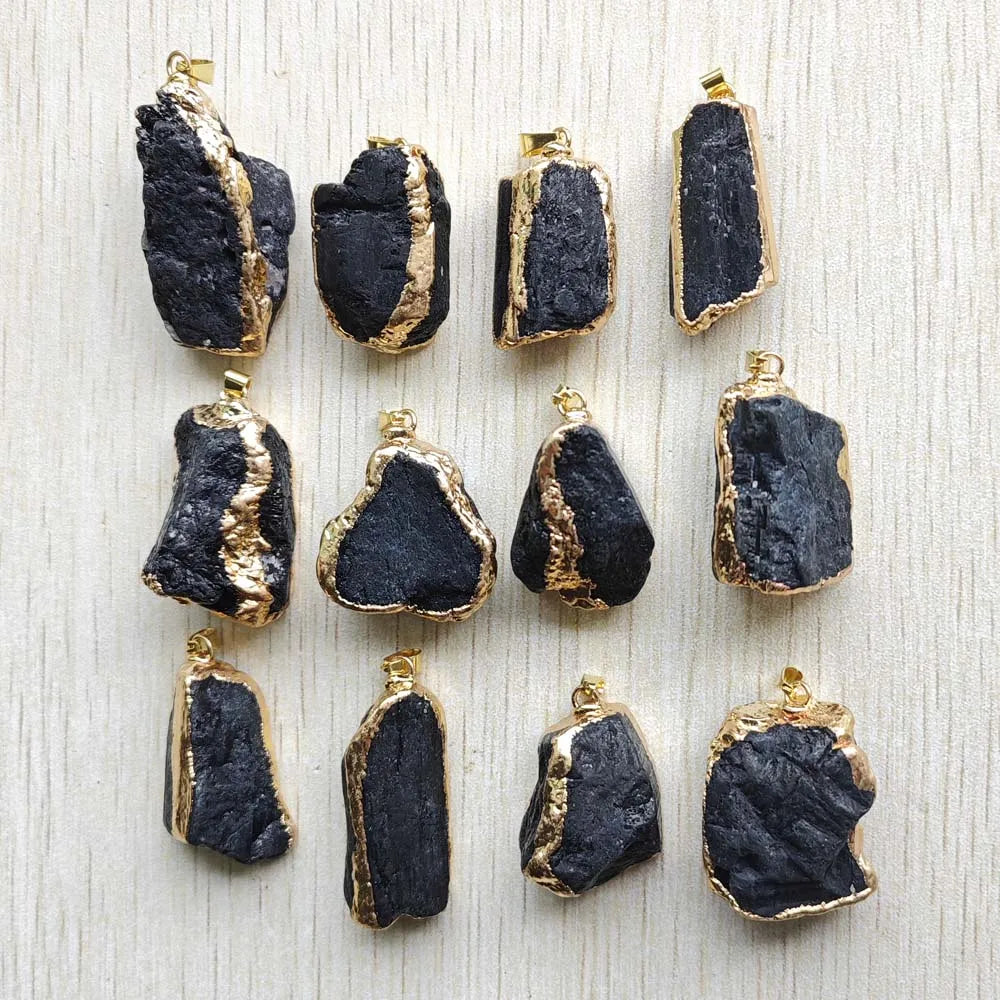 Natural Black Tourmaline Gold Color Side Healing Irregular Pendants Findings DIY Jewelry Making 12pcs Wholesale Free Shipping
