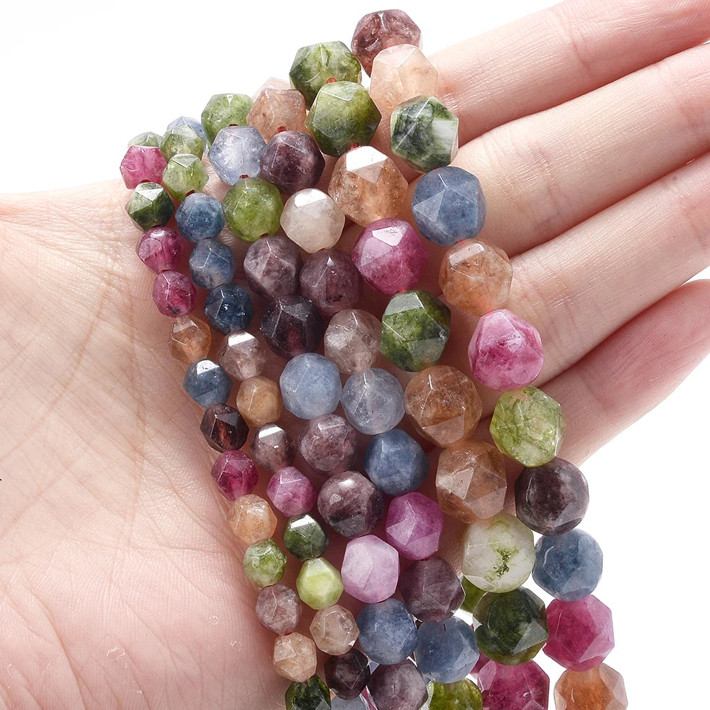 Diamonds Faceted Colorful Tourmaline Stone Beads Natural 6-10mm Loose Beads for Jewelry Making DIY Bracelet Necklace Accessories