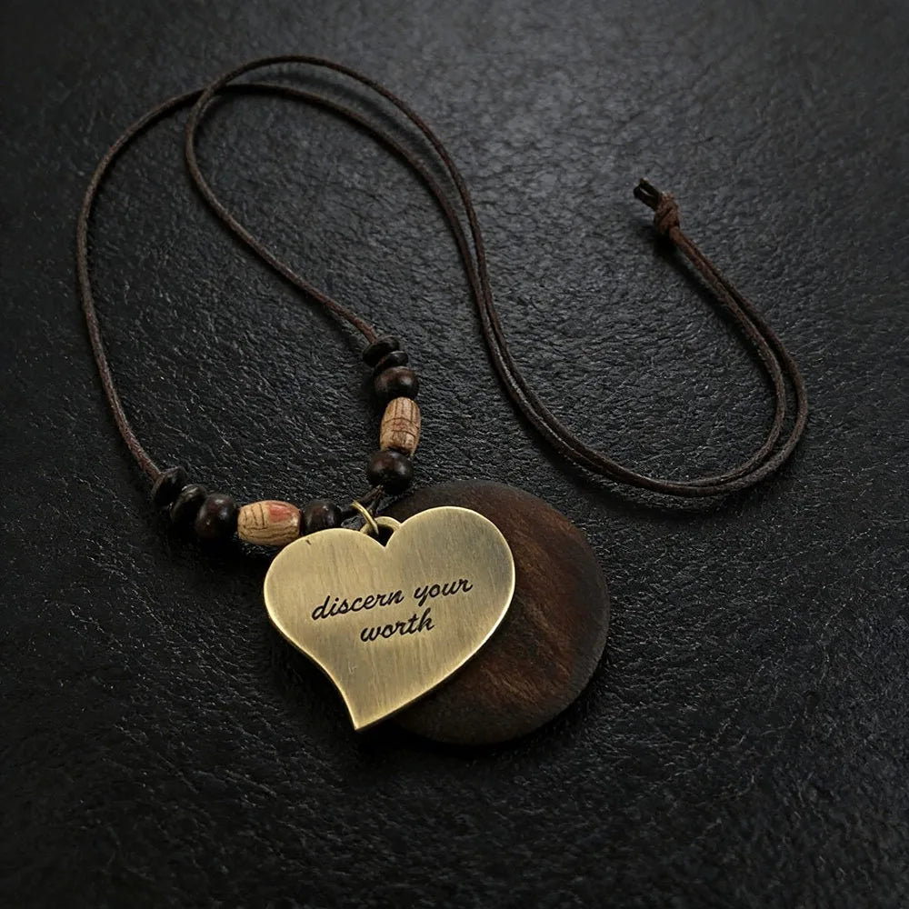Vintage Boho Sweater Chain Hollow Leaves Leather Chain Wooden Pendant Necklace Handmade Long Clothing Pendant Gifts