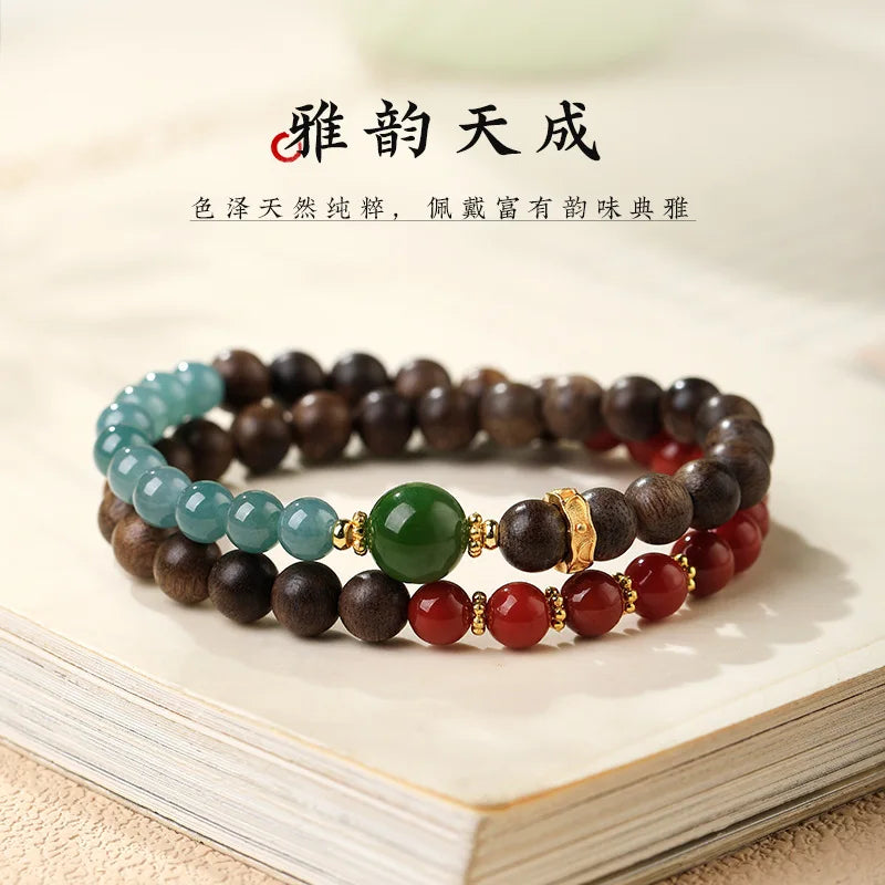 90% Natural Agarwood Bracelet with Blue Water Jadeite, Nanhong Agate, Jasper Fortune Beads & Crown Design - Women's Gift