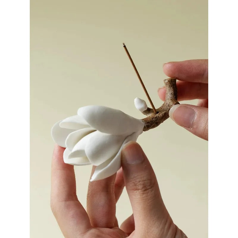 Heritage Magnolia Ceramic Zen Vessel, dual-purpose desk ornament functioning as calligraphy tube and agarwood aroma burner