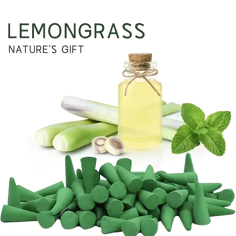 Large Package of Lemongrass-Scented Incense Cone Set, Natural Handmade Cone Incense, Long-Lasting Fragrance, Delicate Aroma, Backflow Incense for Home Use, Premium Gift Item, Suitable for Home, Kitchen, Living Room, Bedroom, Gym, Etc