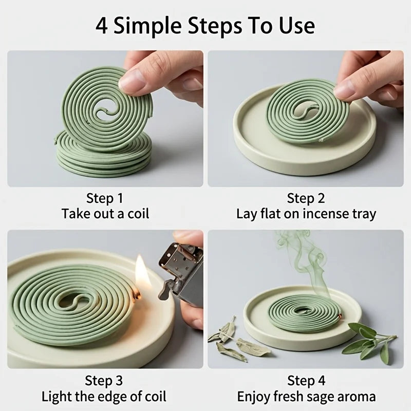 White sage scented spiral incense, 2.5-inch diameter handmade coil incense, 3-4 hours burning time, light and fresh fragrance, suitable for yoga, meditation, home, office, and outdoor use, convenient and portable