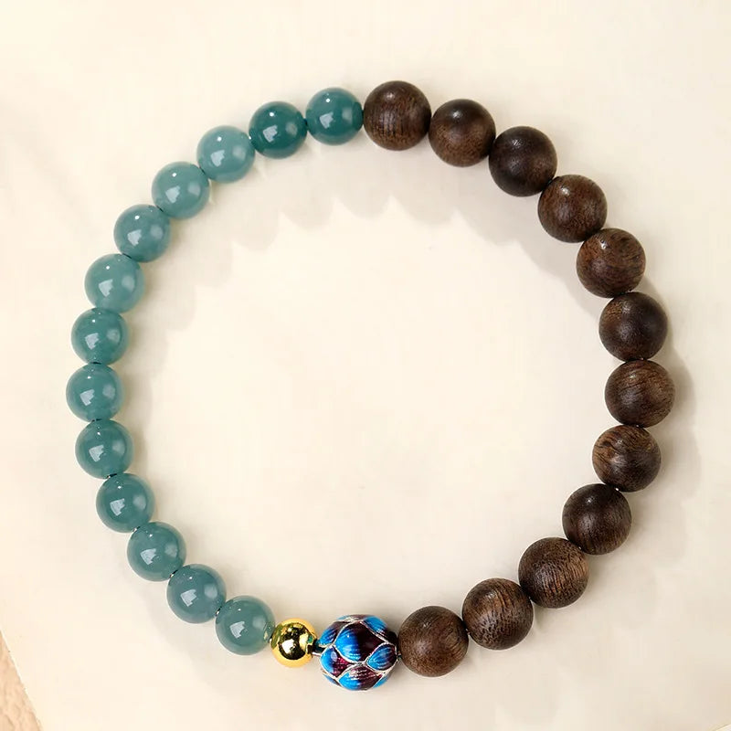 Natural Nha Trang Agarwood Bracelet with Blue Water Jadeite and Cloisonne Lotus Fortune Beads for Women Gifts
