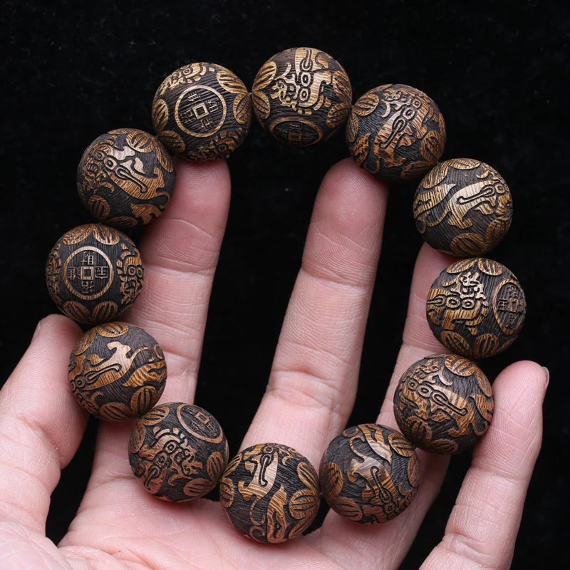 Natural Multicolor Wooden Bracelet Men's 20mm Elastic Bracelet Wooden Bead Lucky Sculpture Mythical Animal