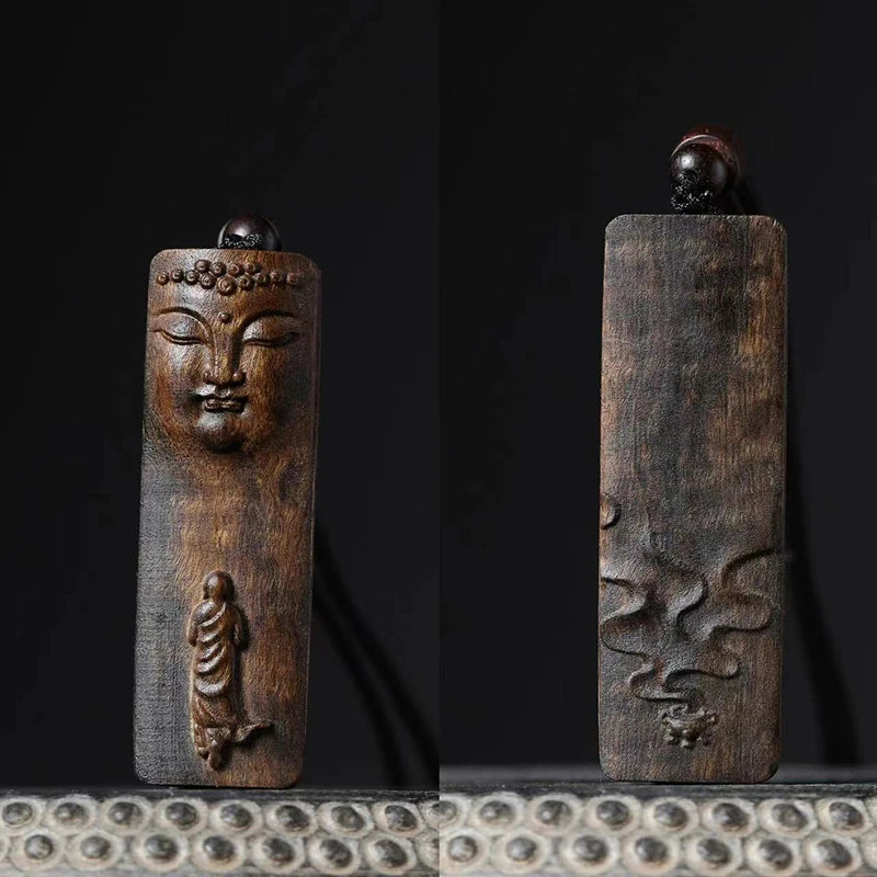 1PCS Agarwood Carved Flower Buddha Statues Pendant Handle Piece Double-sided Carved Lucky Nafu Ping An Brand Wen Play Wood