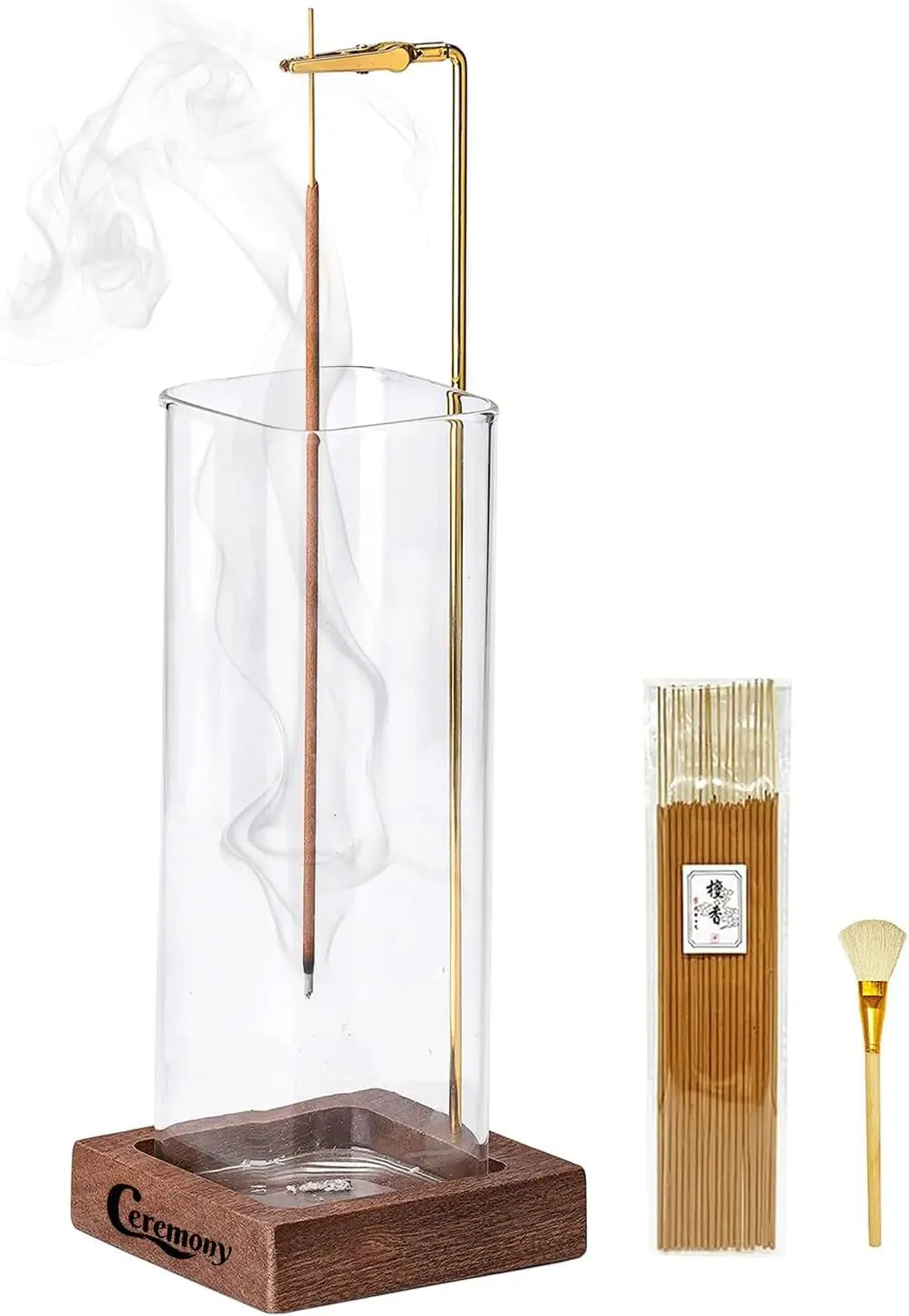 Wooden Ceremony Incense Holder with Glass Ash Catcher, 20 Incense Sticks & Ash Brush