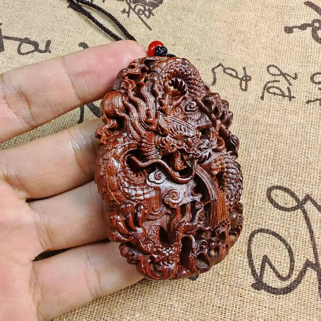 Hand-Carved Agarwood Dragon Pendant 2.75 Wood Art
