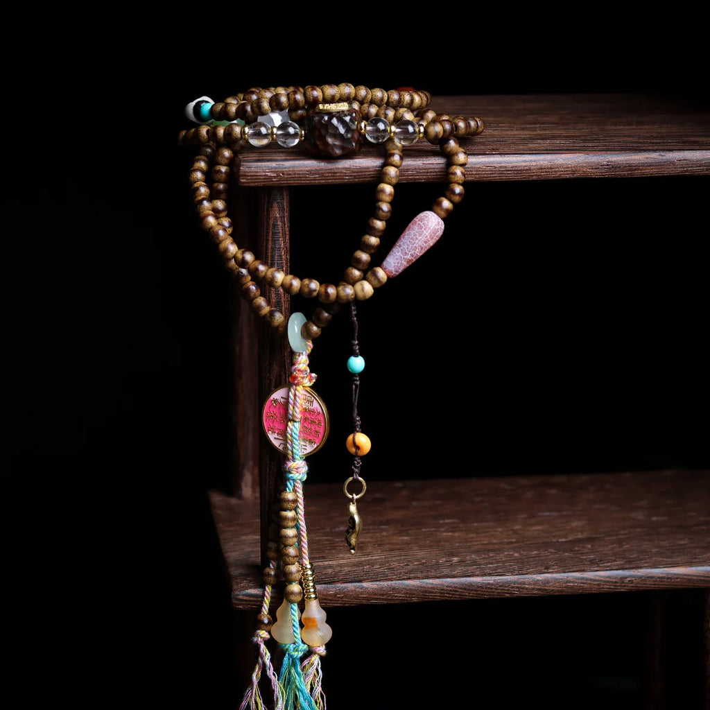 Multi Strand Butter Agarwood Bracelet with Pink Turtle Tag Five Scripture Charms for Women Gifts