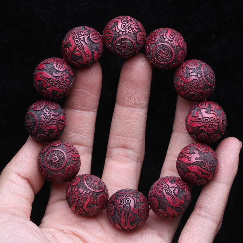 Natural Multicolor Wooden Bracelet Men's 20mm Elastic Bracelet Wooden Bead Lucky Sculpture Mythical Animal
