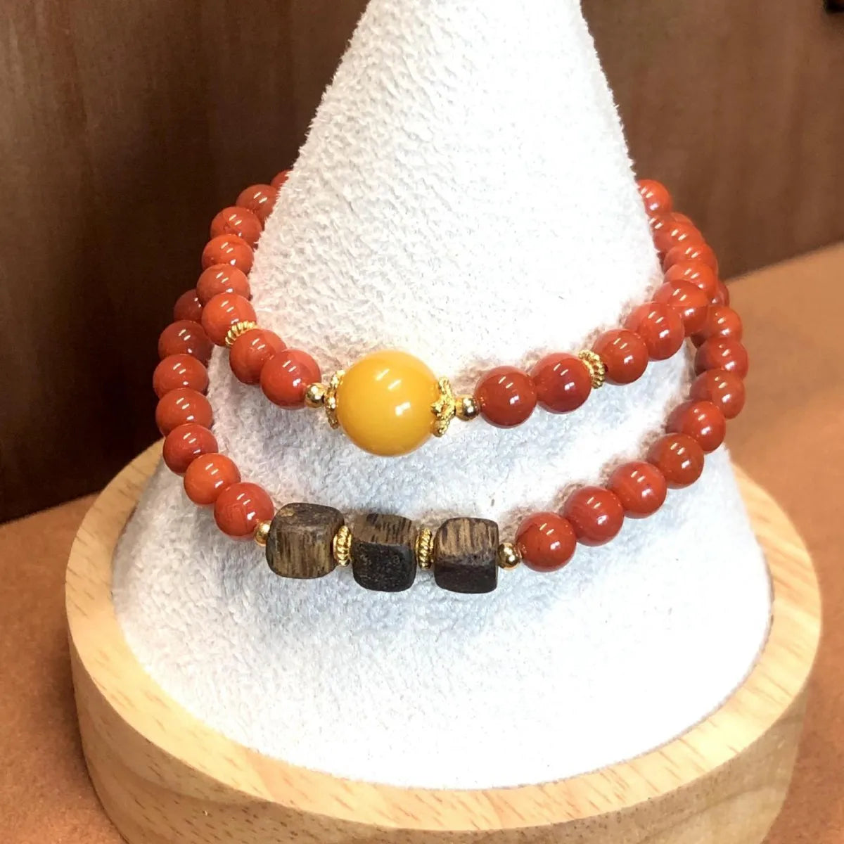 Natural Full Color Nanhong Bead Bracelet With Aged Beeswax Double Loop Sugar Cube Agarwood Handcrafted Wrist Gift For Girlfriend