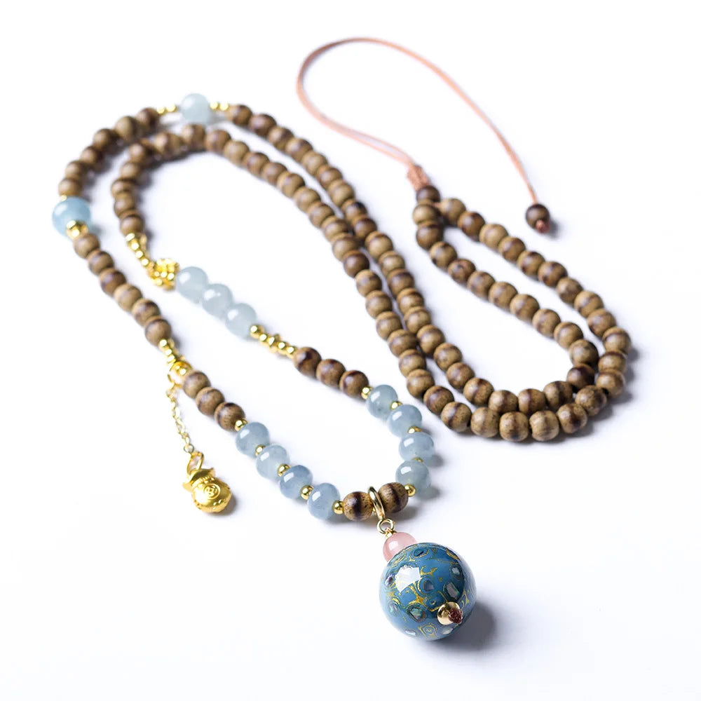 New Chinese Style First Grade Butter Agarwood Necklace with Lacquer Beads Sweater Chain Jewelry Gifts